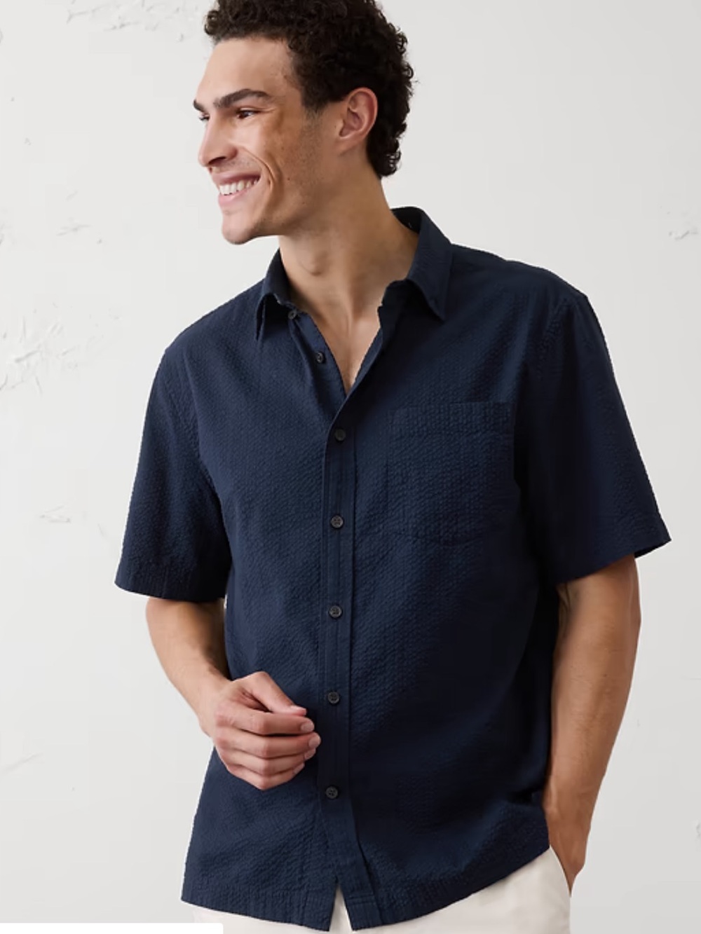Banana Republic Seersucker Navy Slim-Fit Short-Sleeve Shirt XL Like New